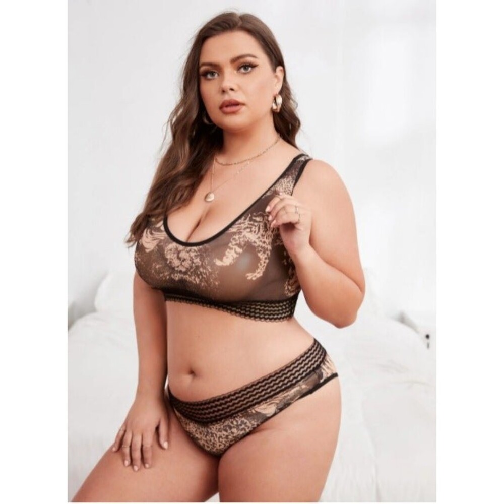 3X Plus Size Leopard Print Sheer Mesh Lingerie Set Multicolor